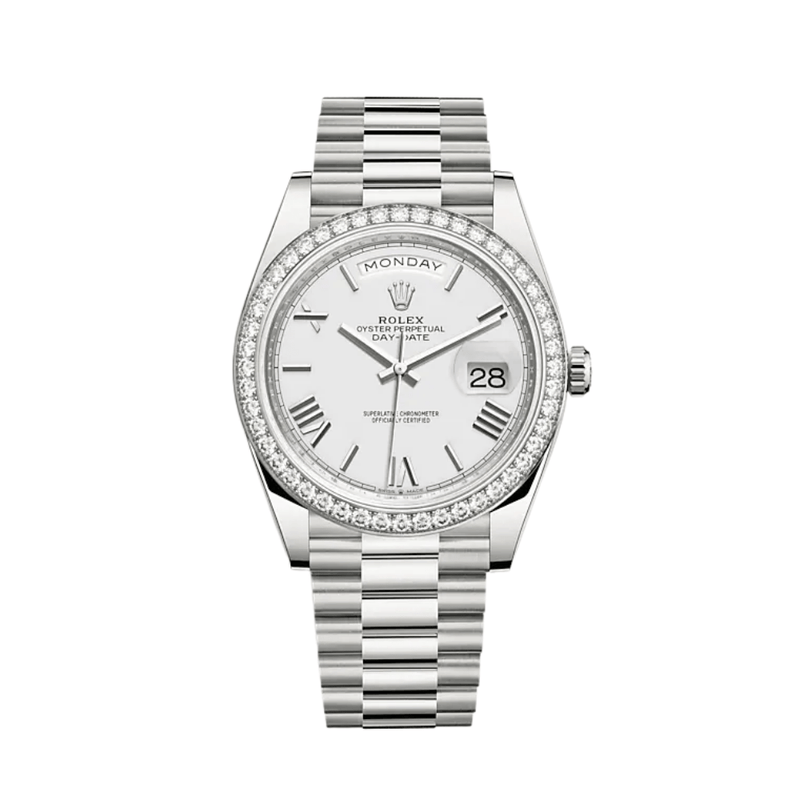 Rolex Day-Date 228349RBR White Gold Diamond Bezel White Dial