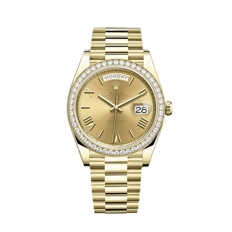 Rolex Day-Date 228348RBR Yellow Gold Diamond Bezel Champagne Roman Dial