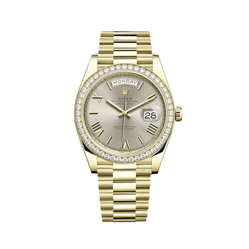 Rolex Day-Date 228348RBR Yellow Gold Diamond Bezel Silver Dial