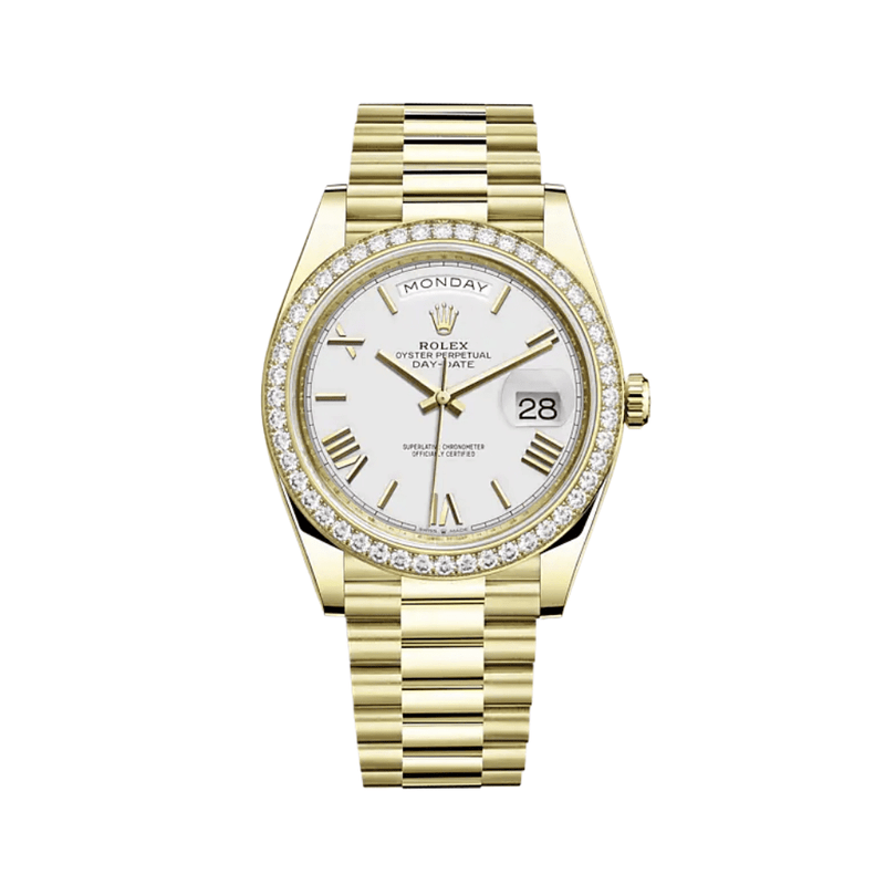 Rolex Day-Date 228348RBR Yellow Gold Diamond Bezel White Dial