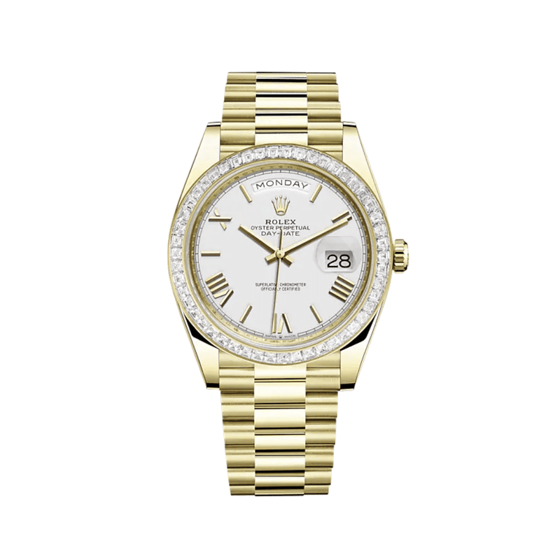 Rolex Day-Date 228398TBR Yellow Gold Diamond Bezel White Dial