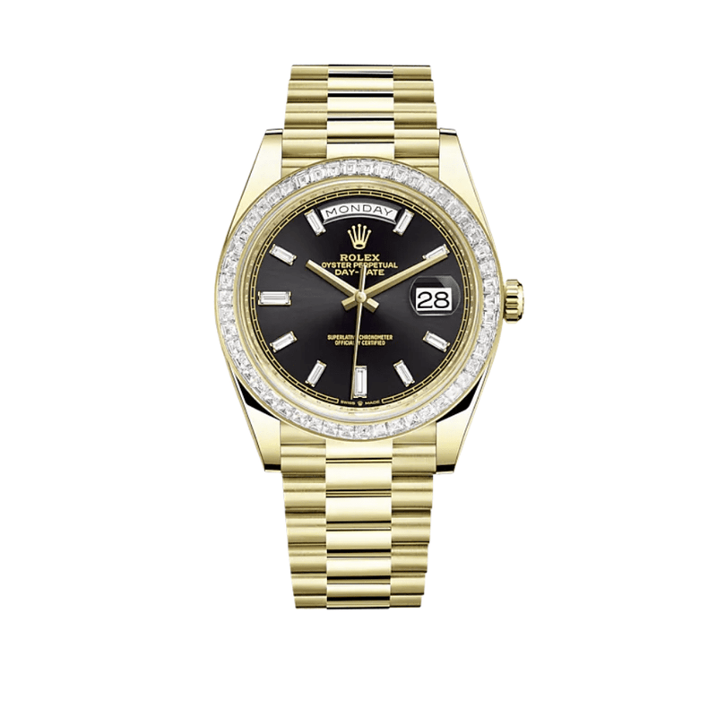 Rolex Day-Date 228398TBR Yellow Gold Diamond-Paved Bezel Black Diamond Dial